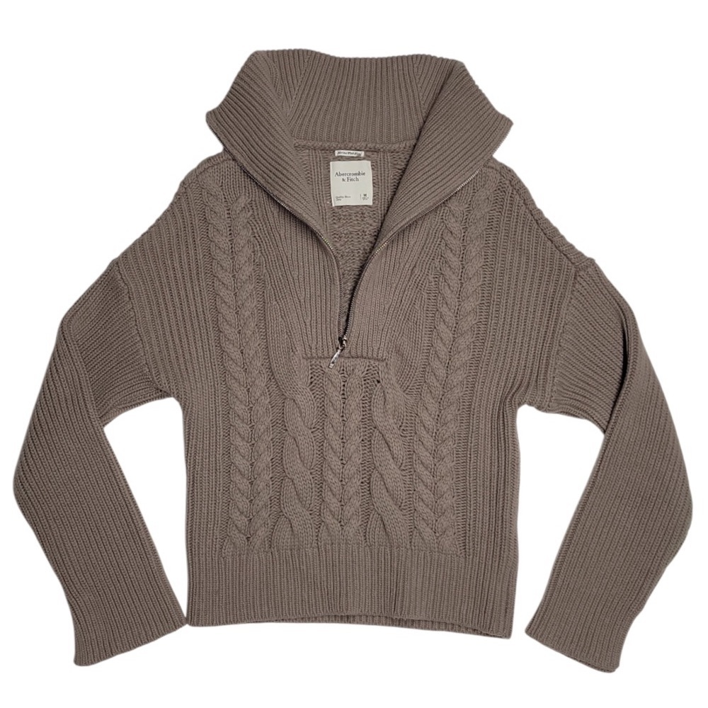 Abercrombie & Fitch V-Neck Sweater Collared Pullover Cable Knit Beige Size:M